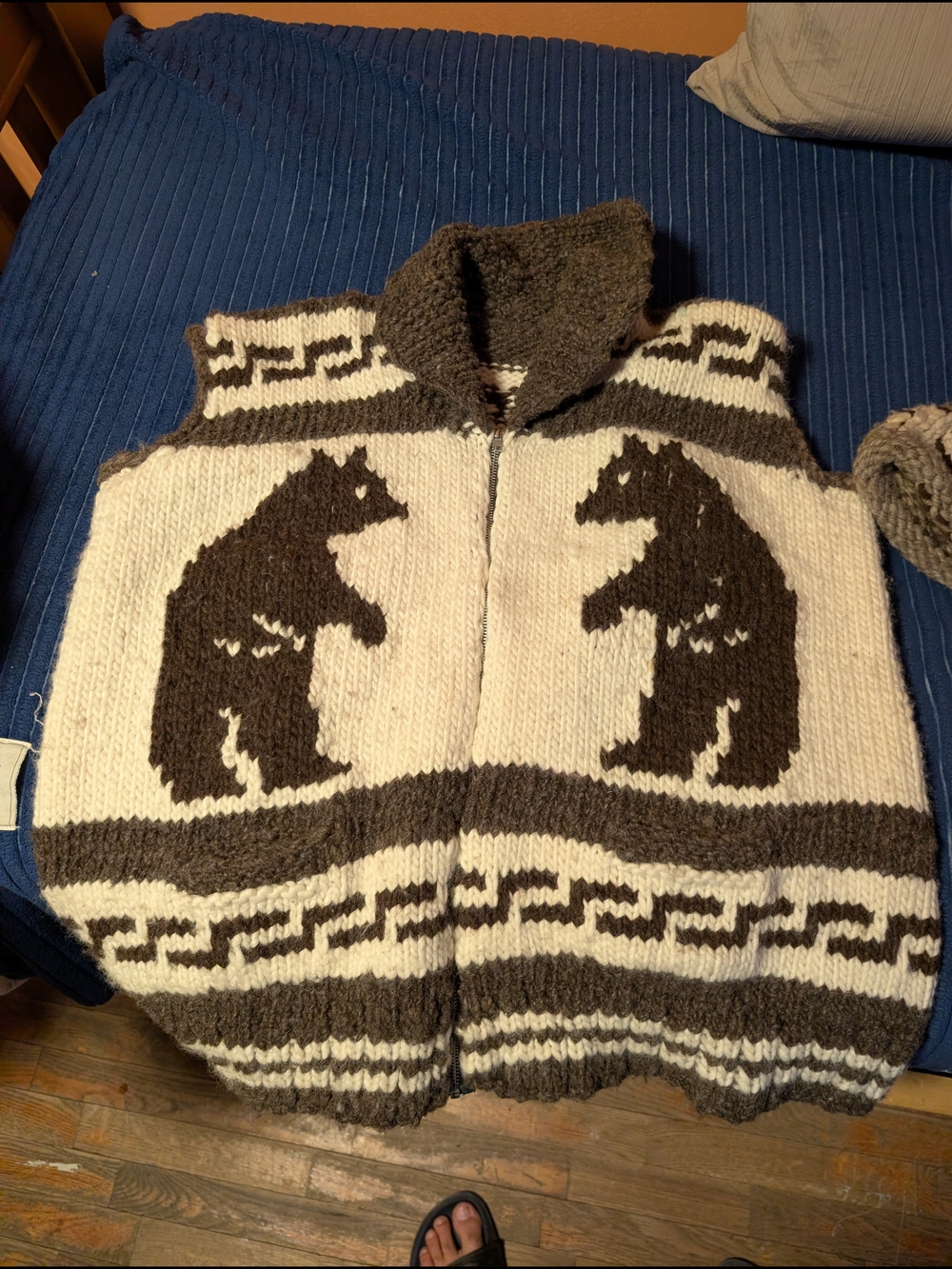 Hand-Knit Bear Pattern Men's Sweater Vest - Brown & Cream